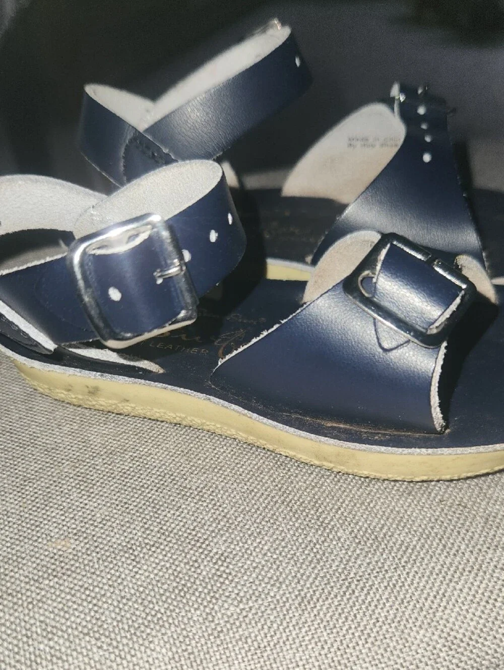 Kids Navy Leather Buckle Sandals